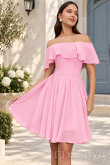 pink off the shoulder ruffle chiffon a-line homecoming dress