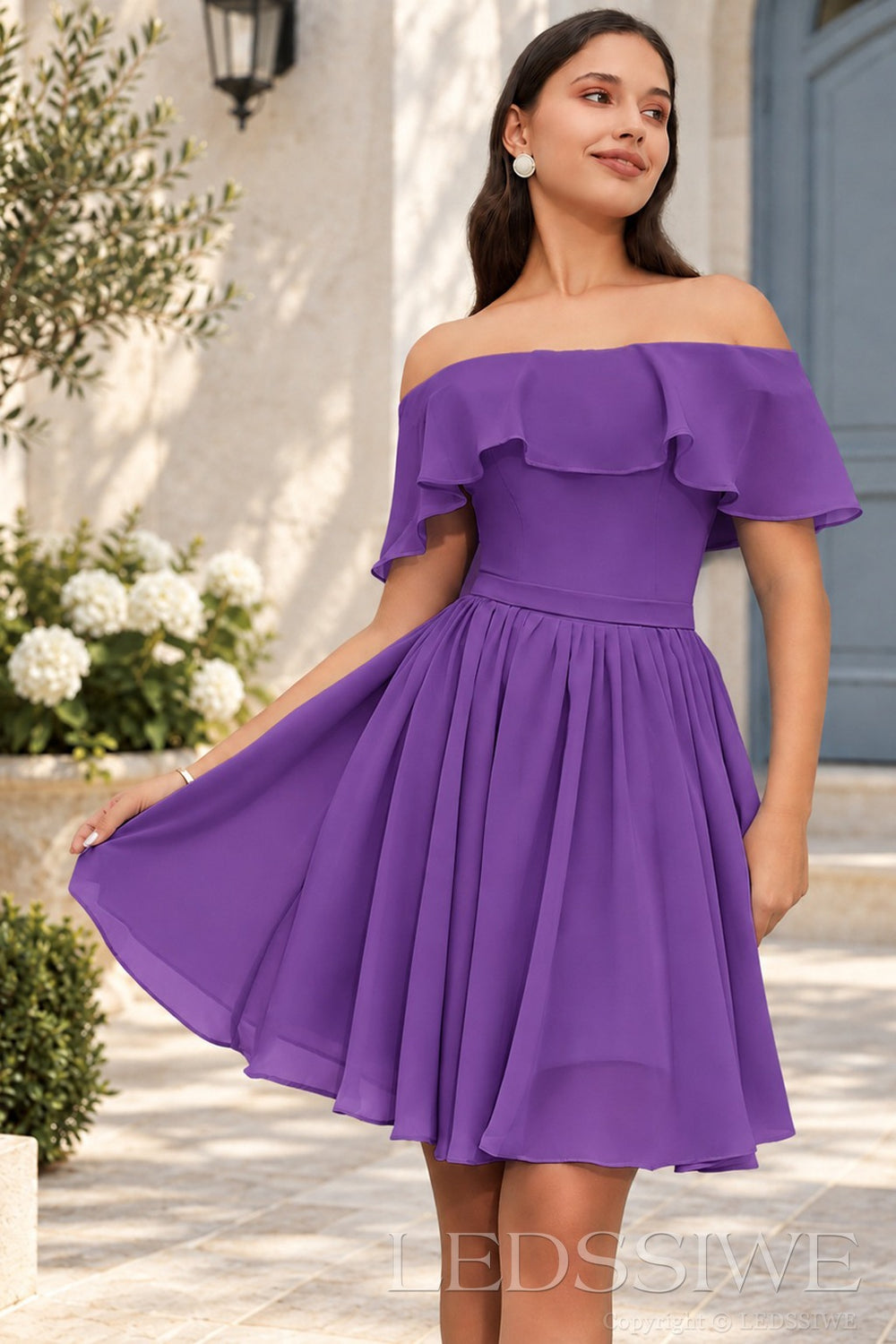 purple off the shoulder ruffle chiffon a-line homecoming dress