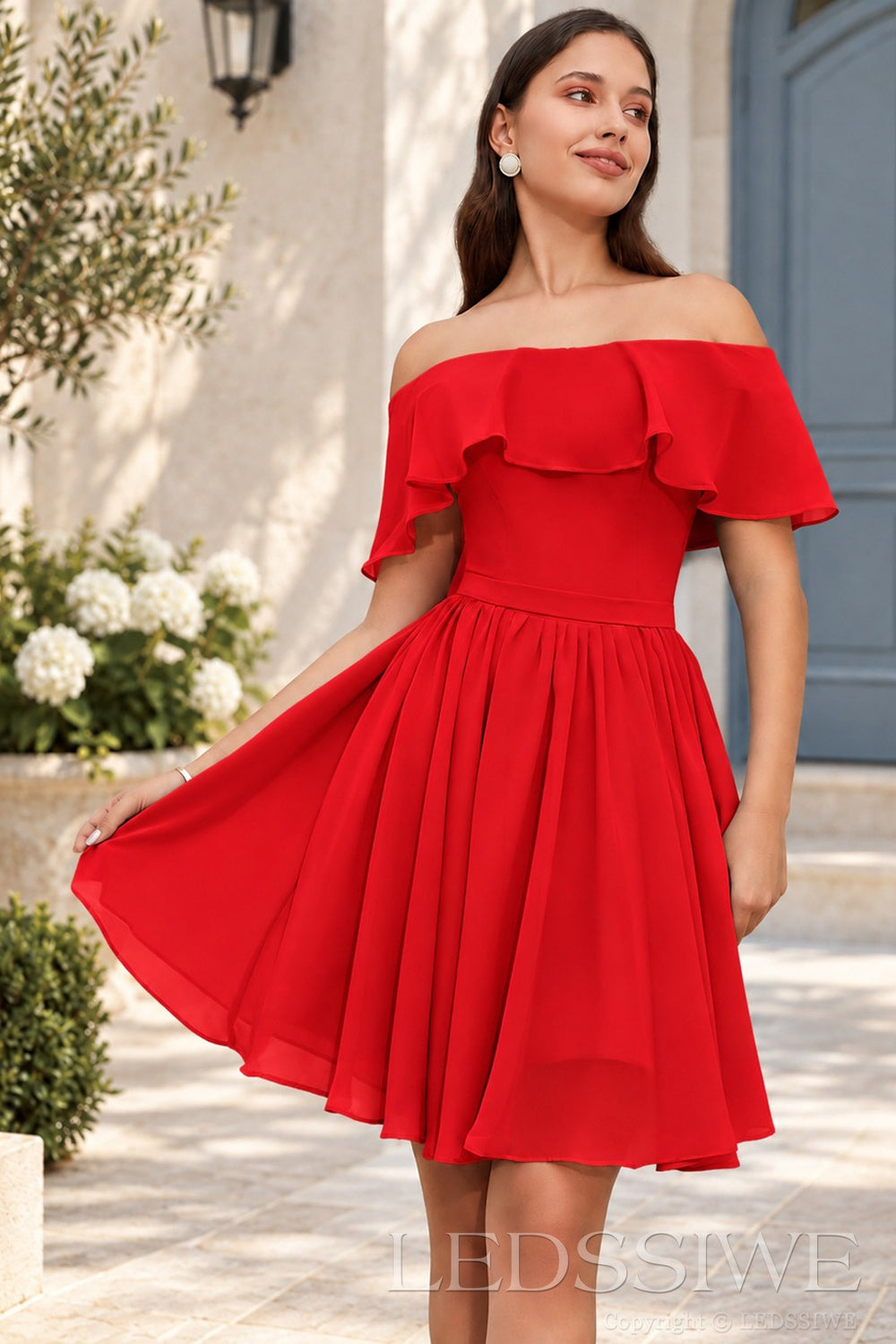 red off the shoulder ruffle chiffon a-line homecoming dress