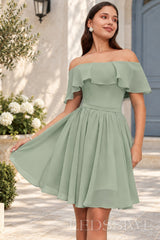 sage off the shoulder ruffle chiffon a-line homecoming dress