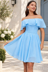 light blue off the shoulder ruffle chiffon a-line homecoming dress front