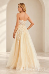 Ivory back strapless lace applique tulle a-line evening dress with slit