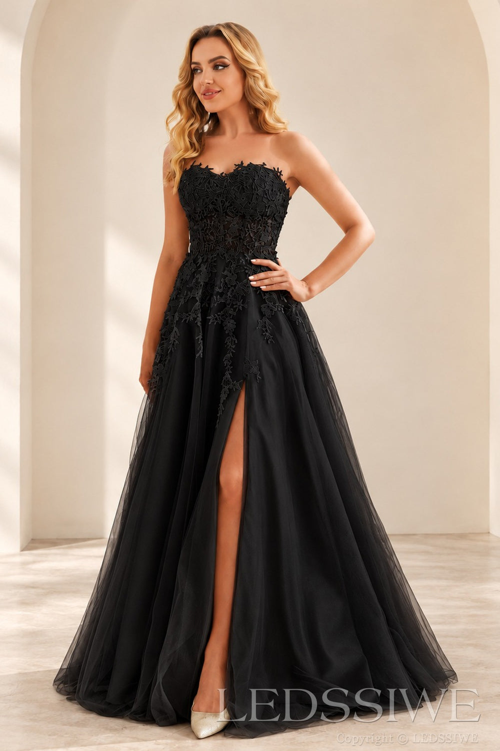 Black strapless lace applique tulle a-line prom dress with slit