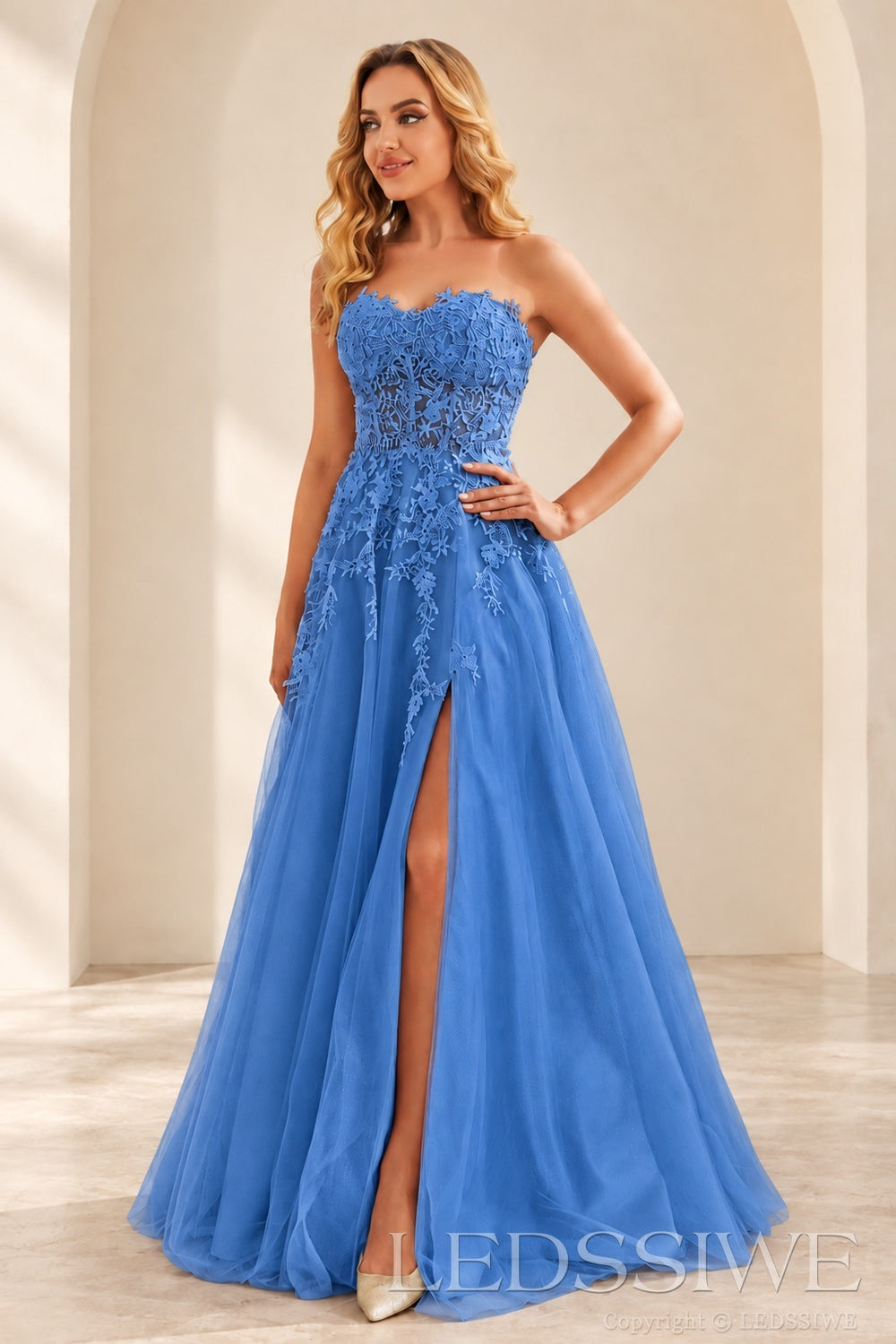 Blue strapless lace applique tulle a-line prom dress with slit