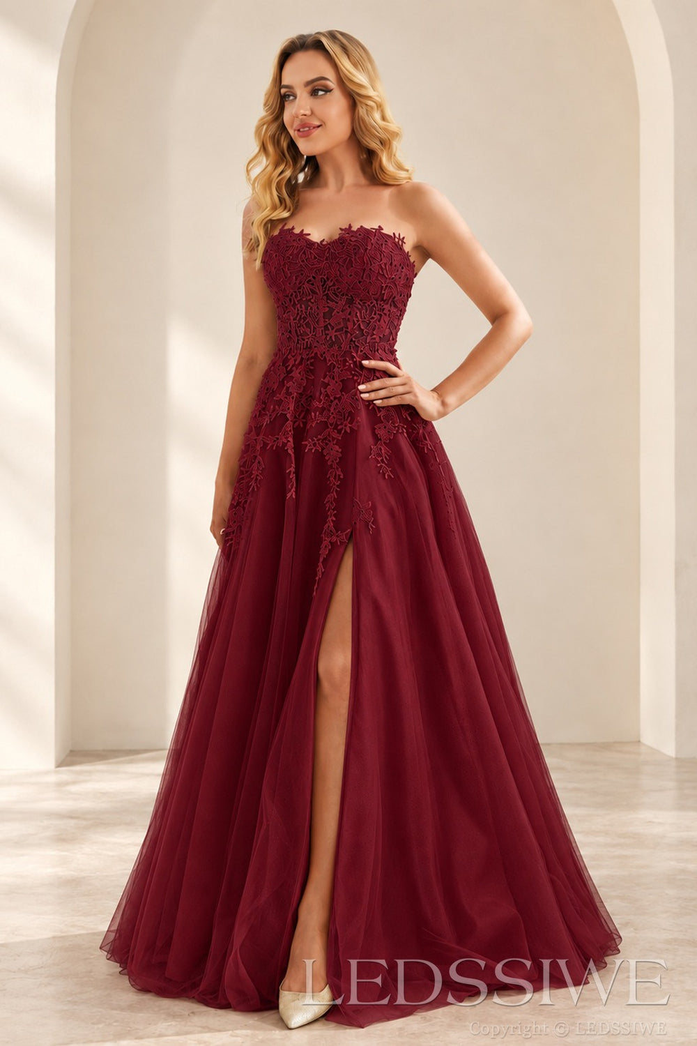 Burgundy strapless lace applique tulle a-line prom dress with slit