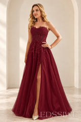 Burgundy strapless lace applique tulle a-line prom dress with slit