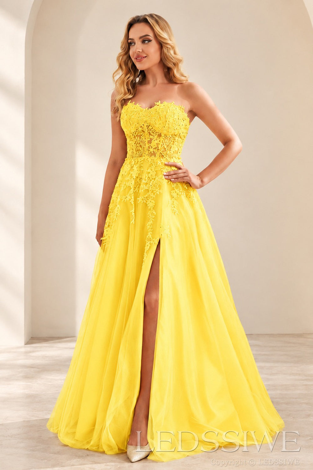 Daffodil strapless lace applique tulle a-line prom dress with slit