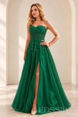 Emerald strapless lace applique tulle a-line prom dress with slit
