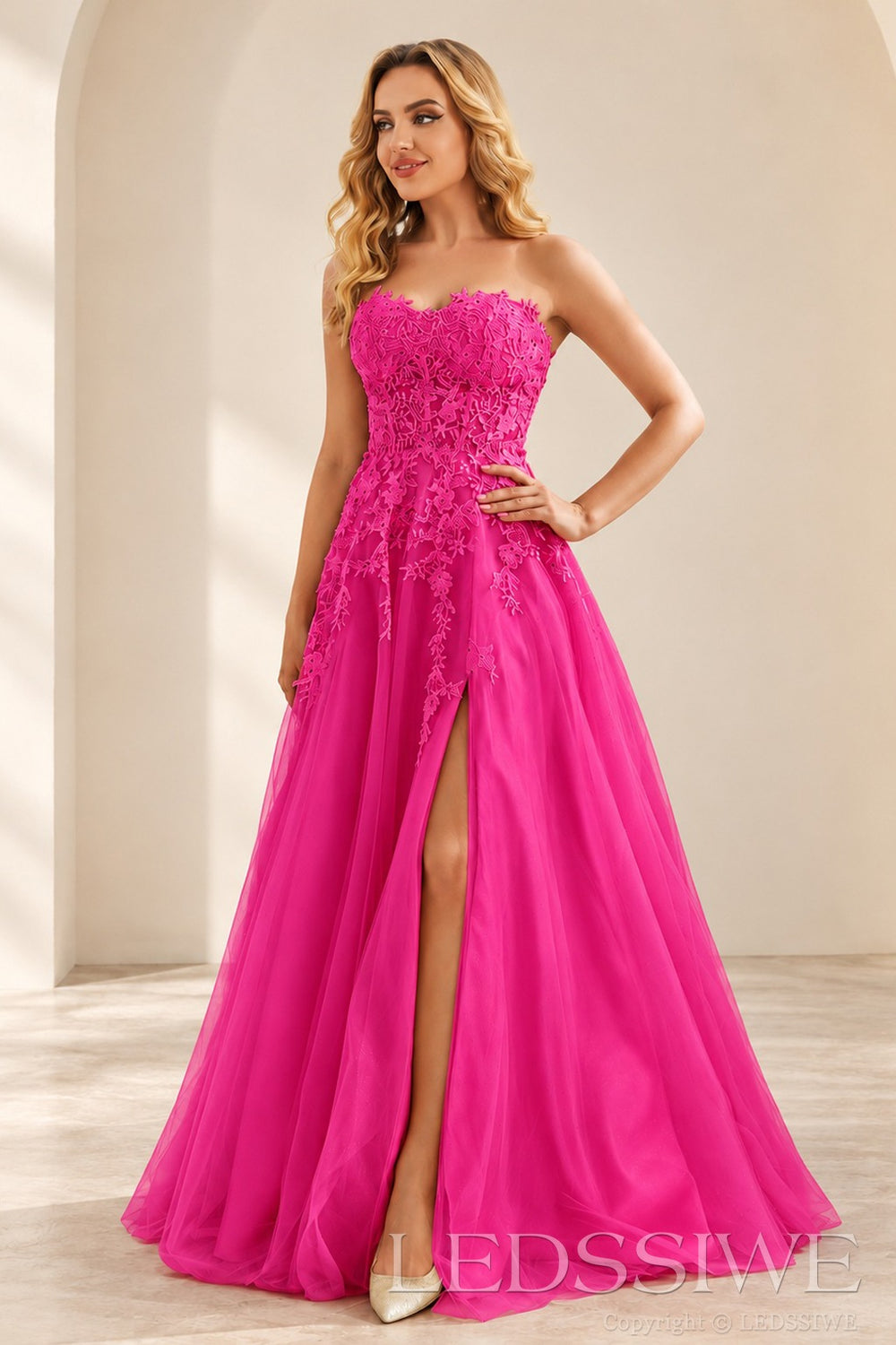 Fuchsia strapless lace applique tulle a-line prom dress with slit