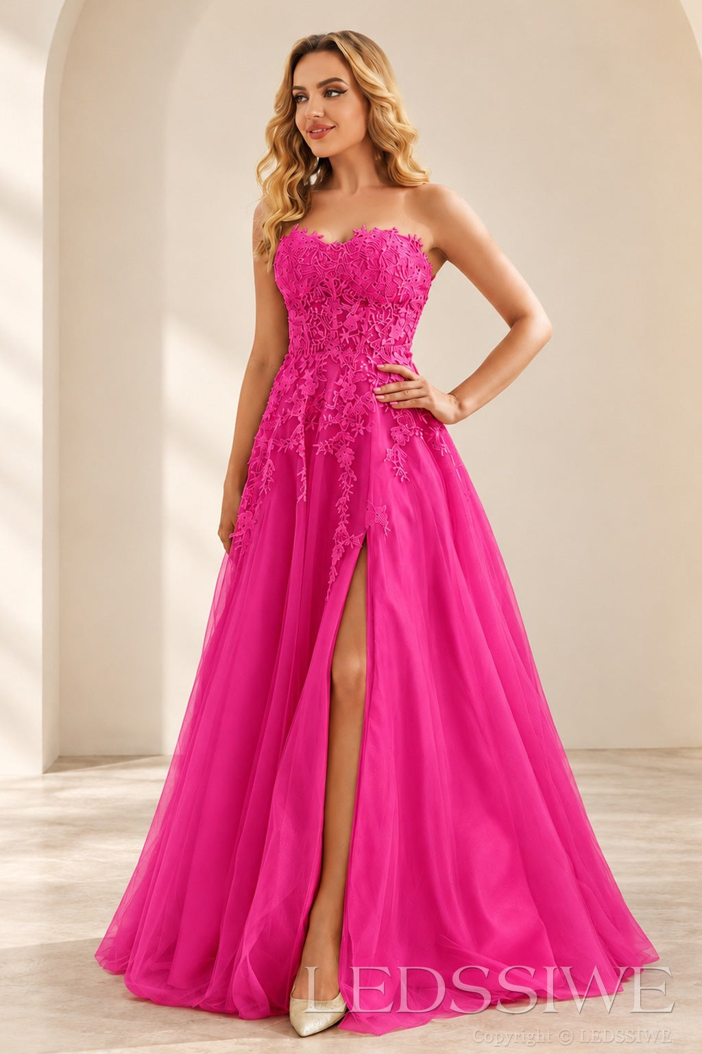 Fuchsia strapless lace applique tulle a-line prom dress with slit