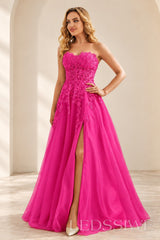 Fuchsia strapless lace applique tulle a-line prom dress with slit