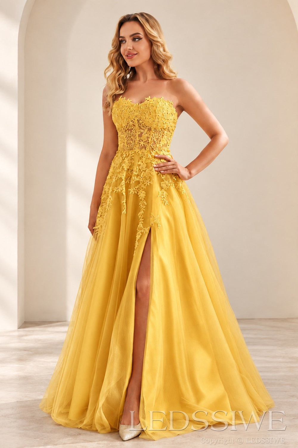 Gold strapless lace applique tulle a-line prom dress with slit
