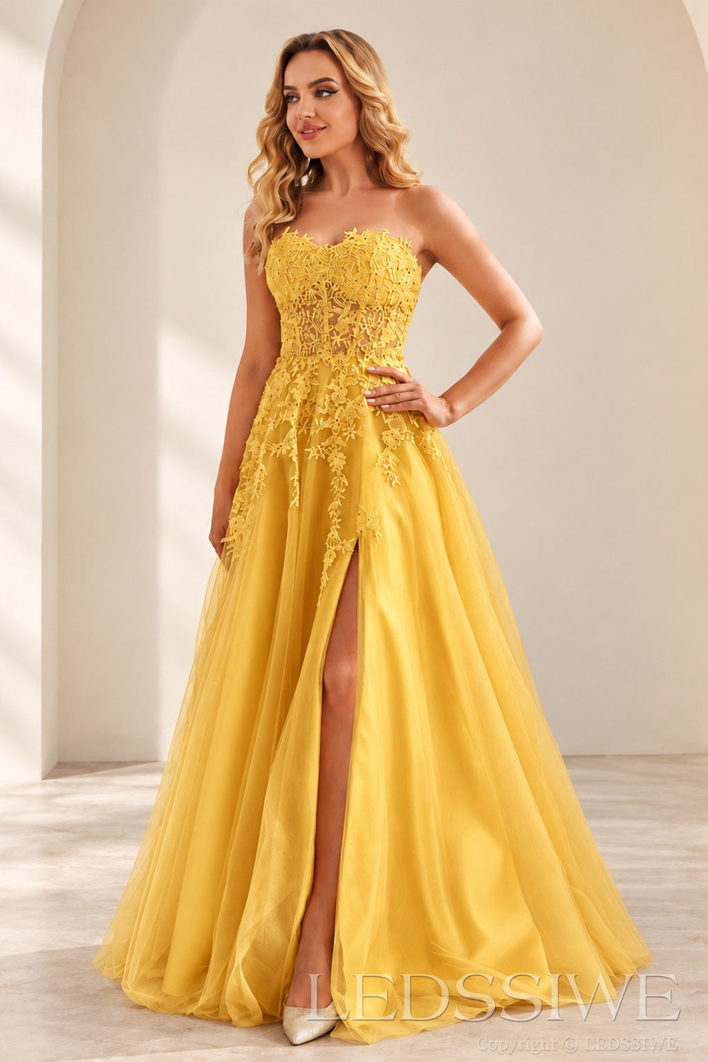 Gold strapless lace applique tulle a-line prom dress with slit