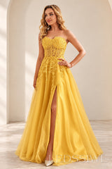 Gold strapless lace applique tulle a-line prom dress with slit