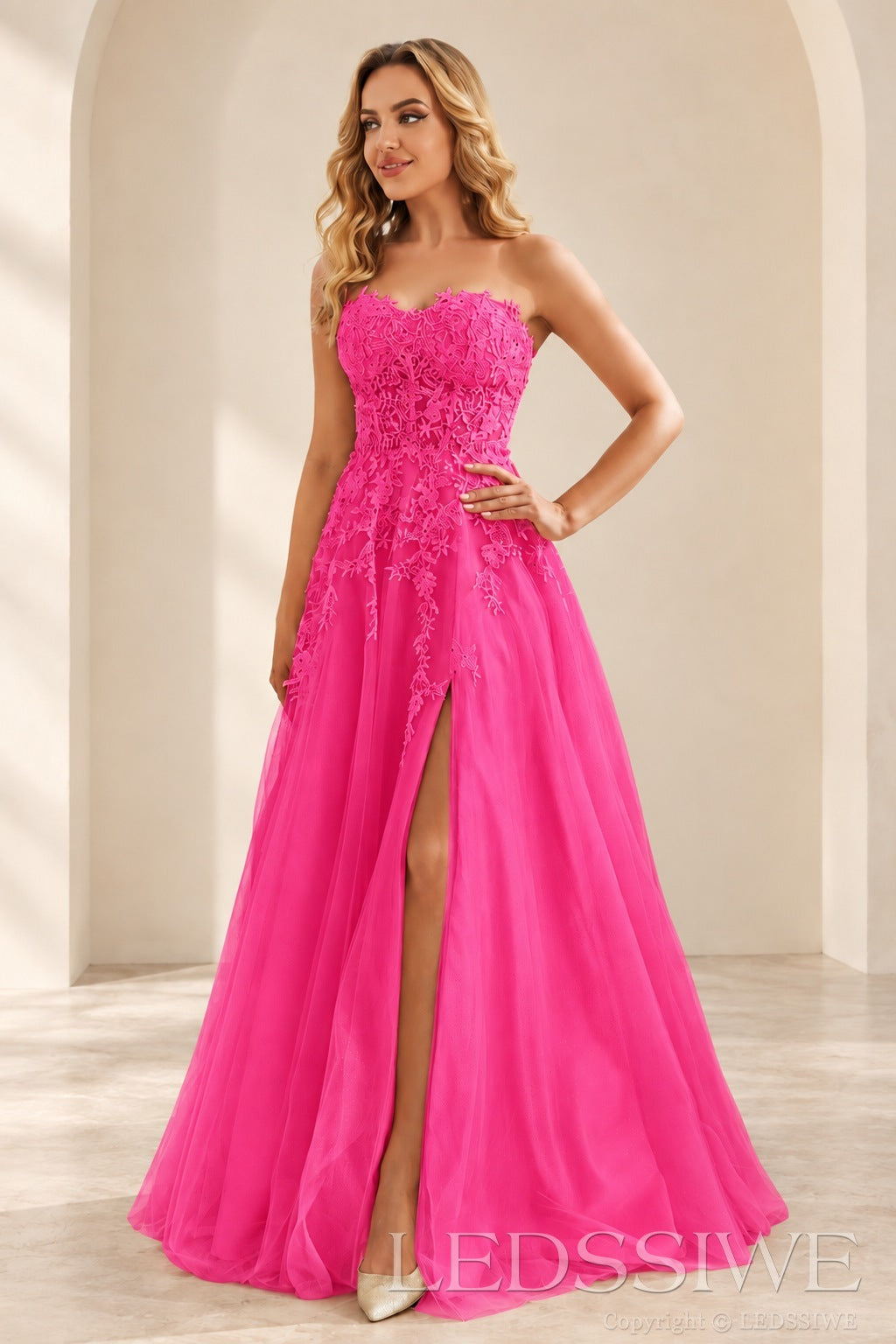 Hot-Pink strapless lace applique tulle a-line prom dress with slit