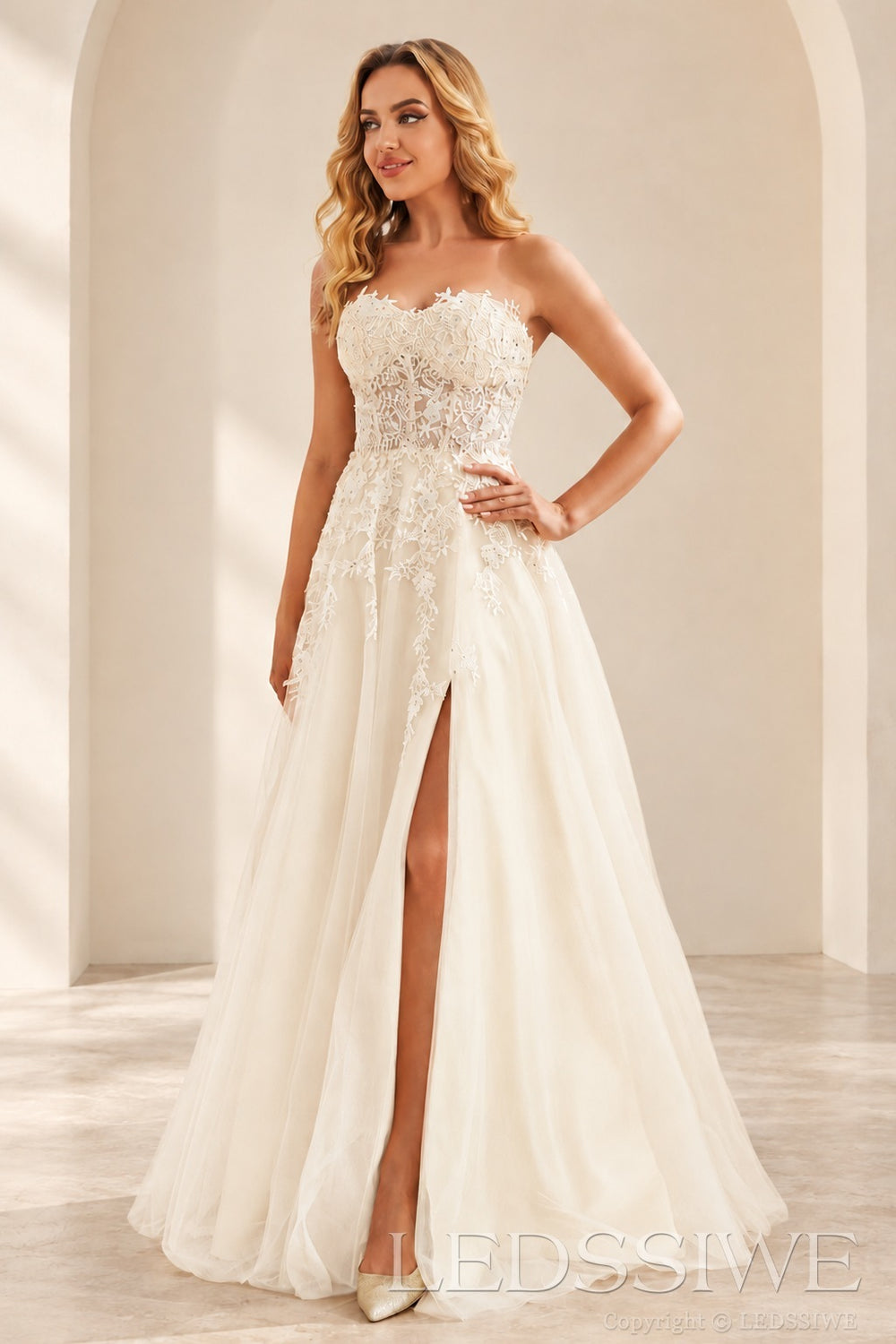 Ivory strapless lace applique tulle a-line prom dress with slit