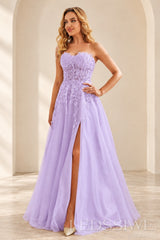 Lavender strapless lace applique tulle a-line prom dress with slit