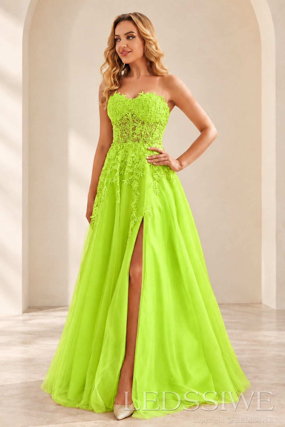 Lime-Green strapless lace applique tulle a-line prom dress with slit