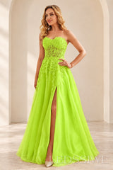 Lime-Green strapless lace applique tulle a-line prom dress with slit