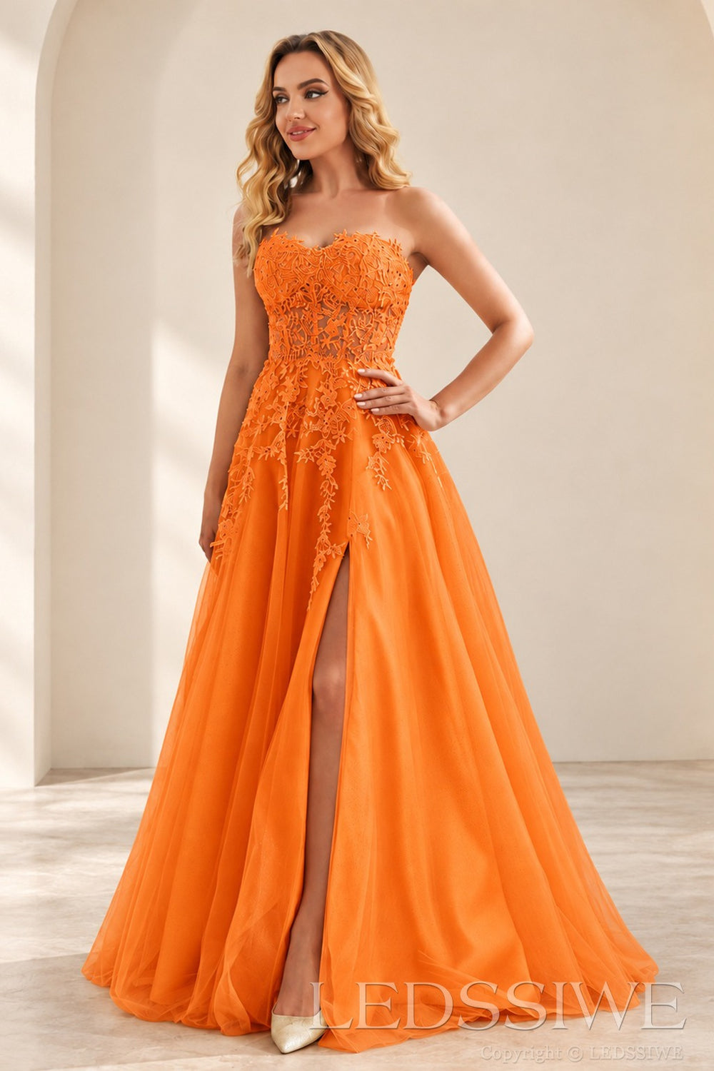 Orange strapless lace applique tulle a-line prom dress with slit