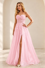 Pink strapless lace applique tulle a-line prom dress with slit