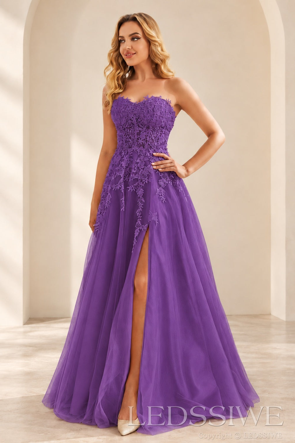 Purple strapless lace applique tulle a-line prom dress with slit