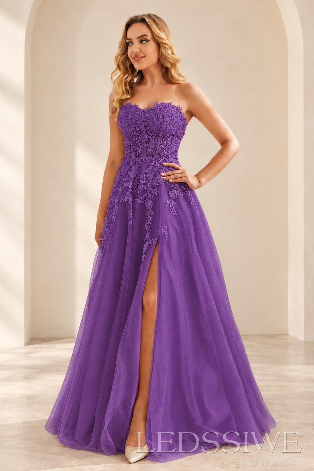 Purple strapless lace applique tulle a-line prom dress with slit