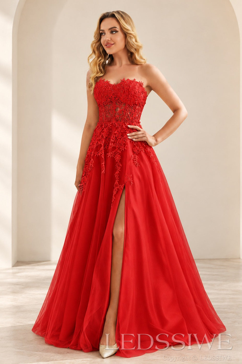 Red strapless lace applique tulle a-line prom dress with slit