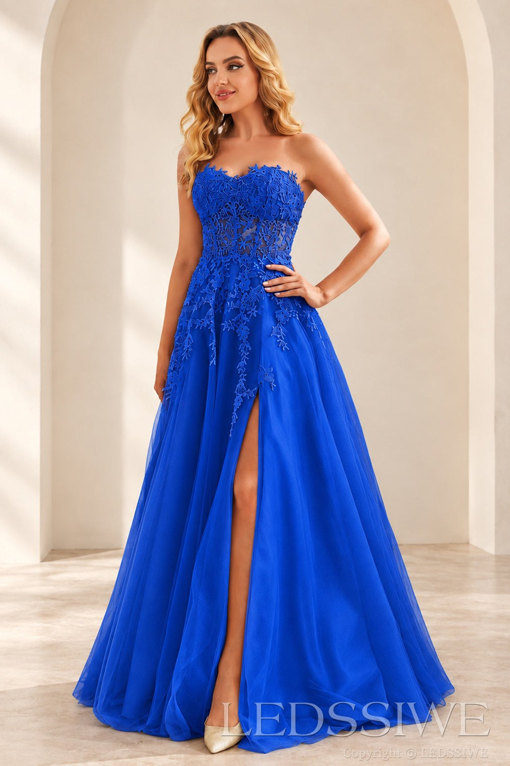 Royal-Blue strapless lace applique tulle a-line prom dress with slit