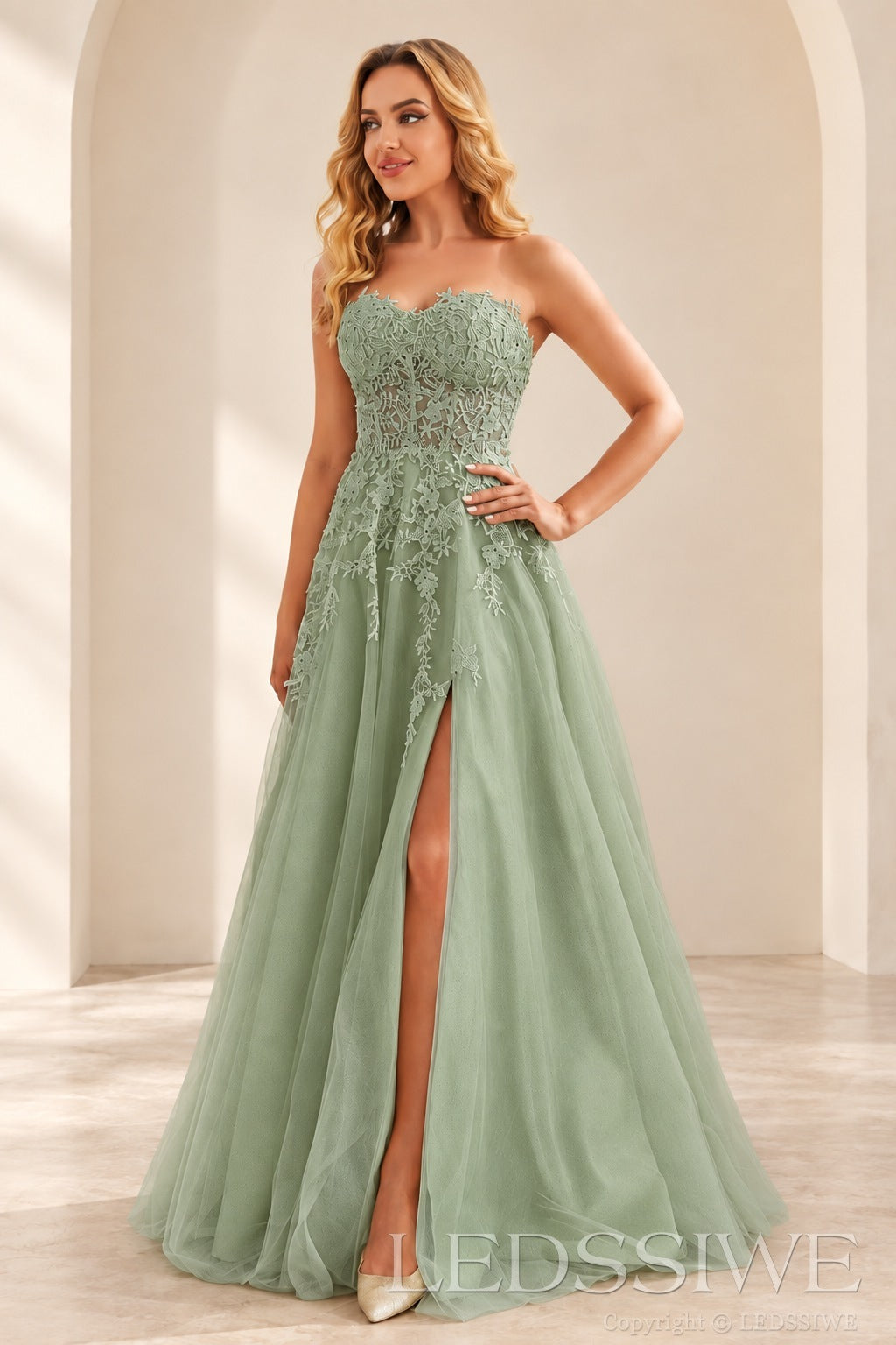 Sage strapless lace applique tulle a-line prom dress with slit