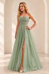Sage strapless lace applique tulle a-line prom dress with slit