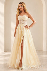 Ivory strapless lace applique tulle a-line evening dress with slit