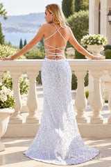 Black sequin mermaid prom dress with lace-up open back open lace-up back view