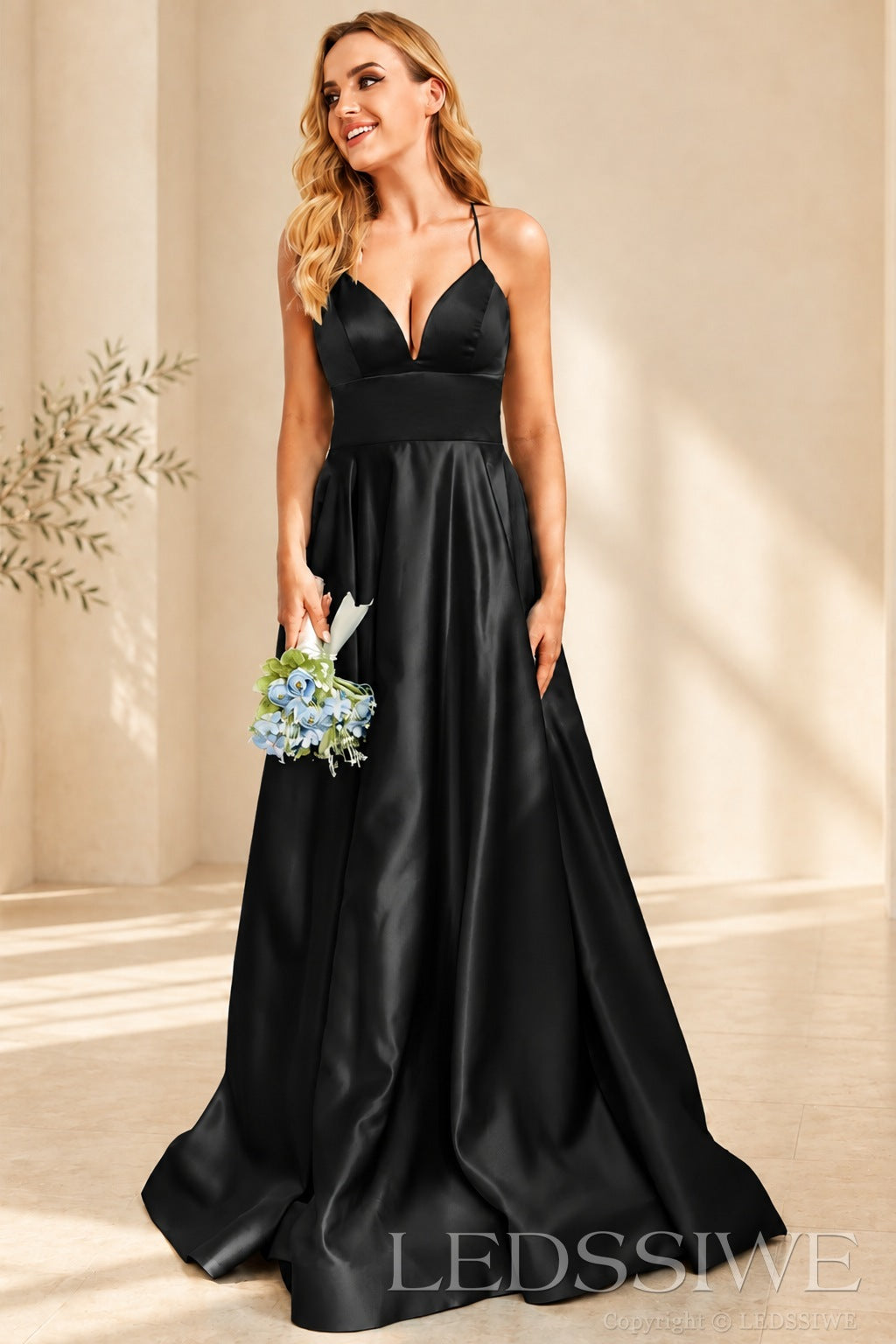 Black spaghetti strap satin a-line prom dress with lace-up back