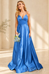 Blue spaghetti strap satin a-line prom dress with lace-up back