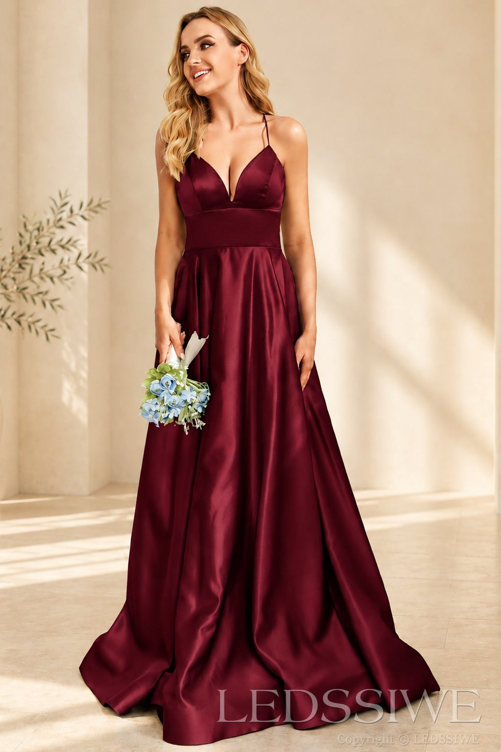 Burgundy spaghetti strap satin a-line prom dress with lace-up back