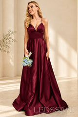 Burgundy spaghetti strap satin a-line prom dress with lace-up back