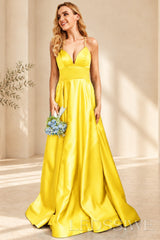 Daffodil spaghetti strap satin a-line prom dress with lace-up back