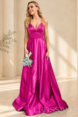 Fuchsia spaghetti strap satin a-line prom dress with lace-up back