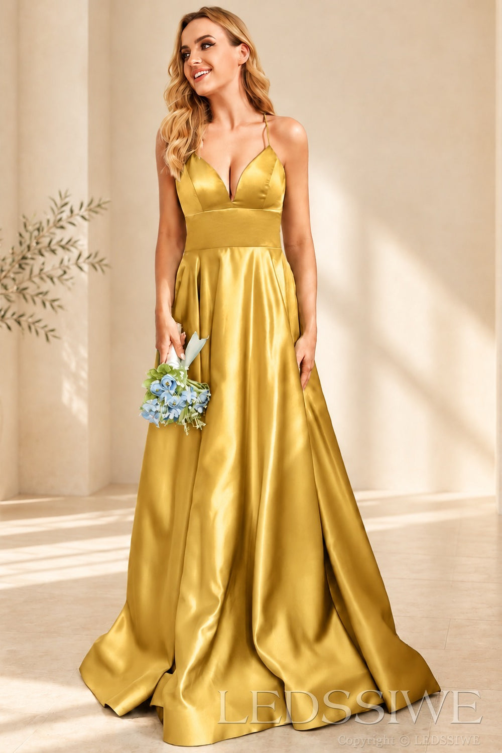 Gold spaghetti strap satin a-line prom dress with lace-up back