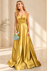 Gold spaghetti strap satin a-line prom dress with lace-up back