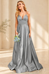Grey spaghetti strap satin a-line prom dress with lace-up back