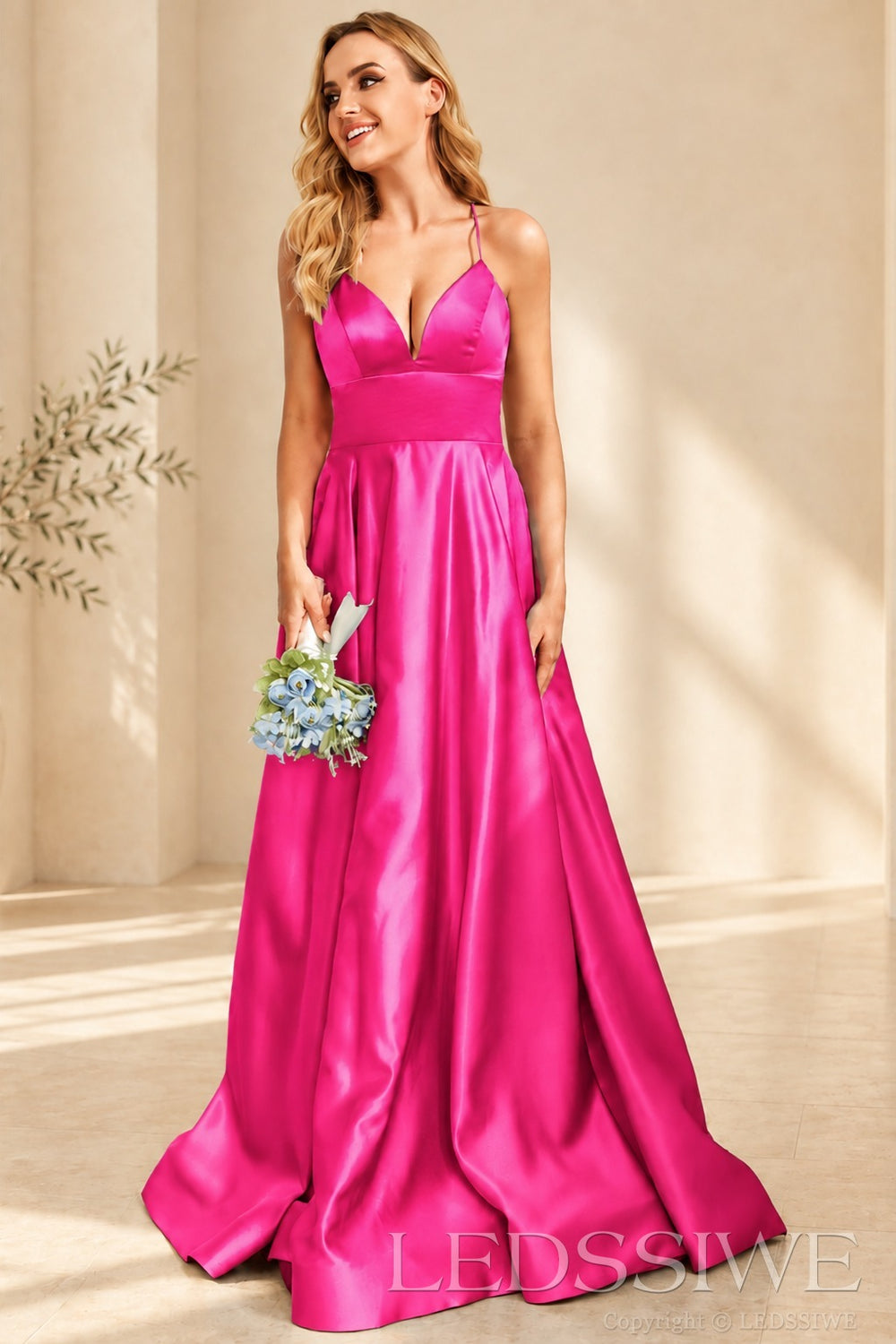 Hot-Pink spaghetti strap satin a-line prom dress with lace-up back