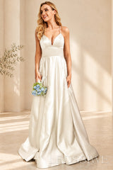 Ivory spaghetti strap satin a-line prom dress with lace-up back