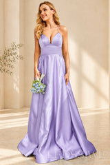 Lavender spaghetti strap satin a-line prom dress with lace-up back