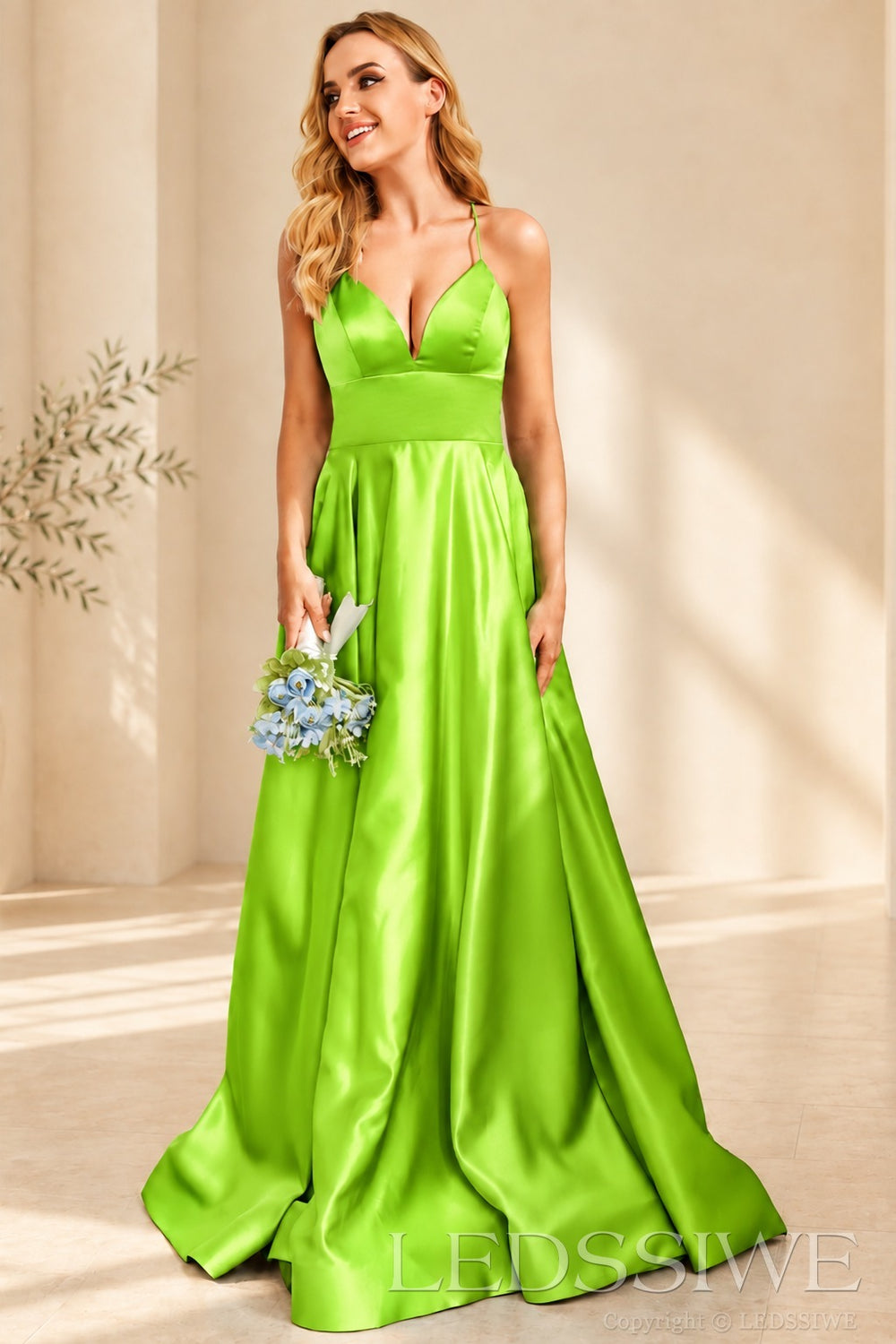 Lime-Green spaghetti strap satin a-line prom dress with lace-up back
