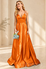 Orange spaghetti strap satin a-line prom dress with lace-up back