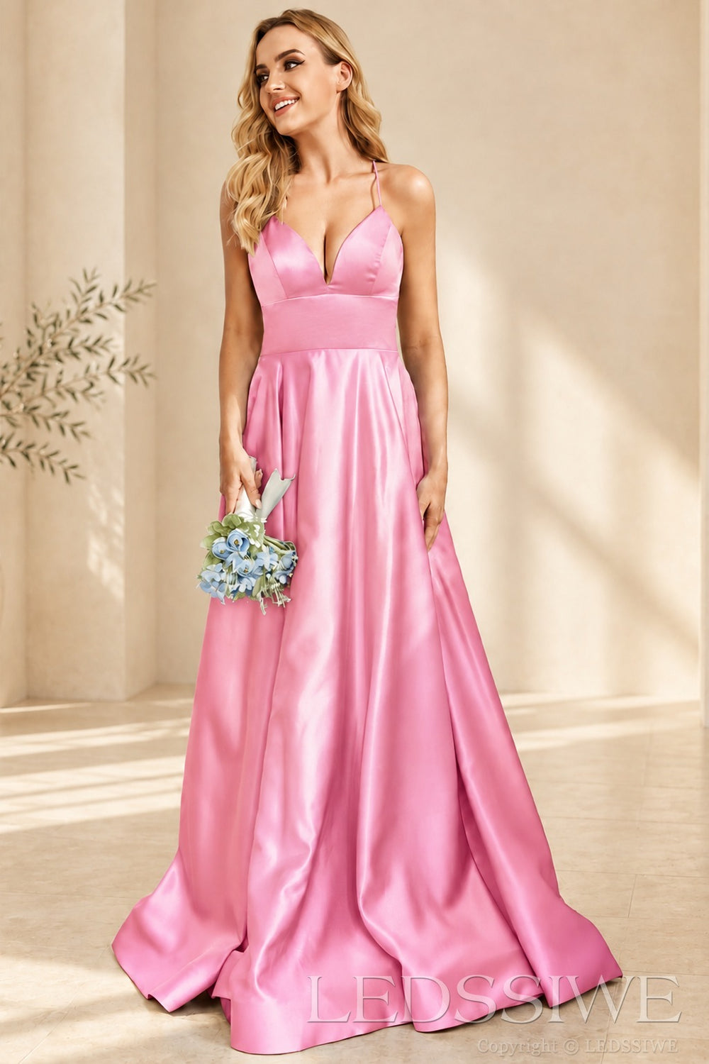 Pink spaghetti strap satin a-line prom dress with lace-up back