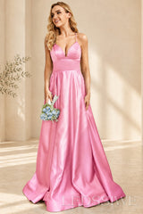 Pink spaghetti strap satin a-line prom dress with lace-up back