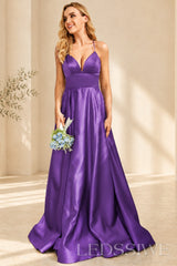 Purple spaghetti strap satin a-line prom dress with lace-up back